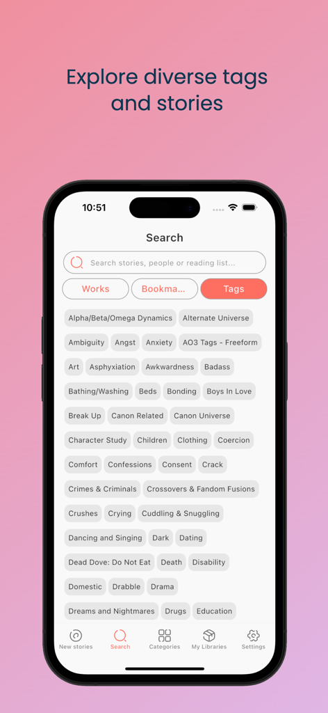 Fanfict Reader AO3 unofficial - Search interface of the Fanfict Reader AO3 unofficial app displaying a list of story tags like Angst and Alternate Universe