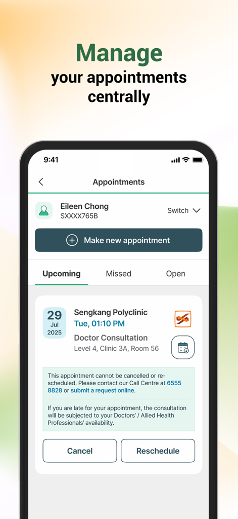 HealthHub SG - HealthHub SG app screen showing centralized medical appointment management with options to book or reschedule visits