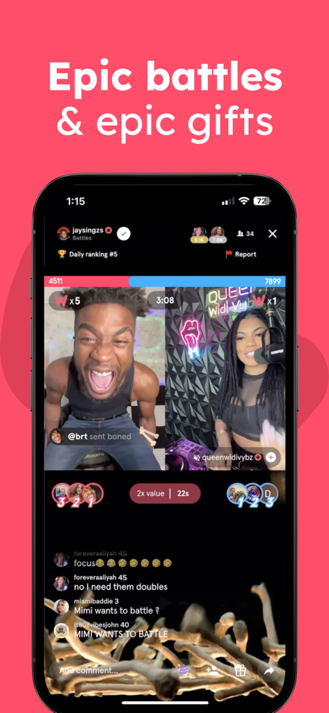 favorited - Un combat en direct en écran partagé sur l'application Favorited montrant deux créateurs en compétition avec des animations de cadeaux numériques.