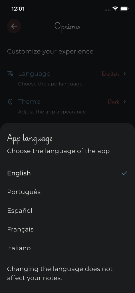Menu de seleção de idioma no aplicativo Ami Note mostrando várias opções de idioma em modo escuro