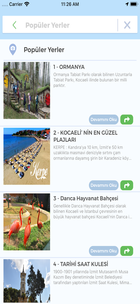 A list of popular tourist destinations in Kocaeli Turkey shown within the e-komobil mobile application