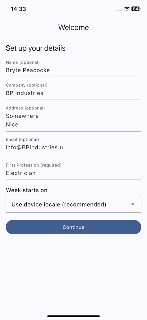 CPD Progress Tracker - Onboarding screen of the CPD Progress Tracker app for setting up professional details and selecting a trade.
