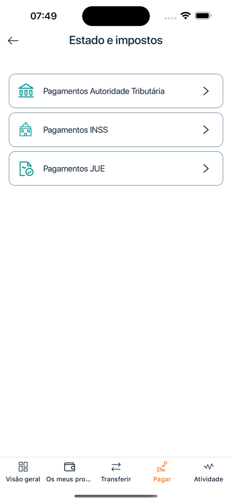 Écran de l'application mobile FNB ON Mozambique montrant les options de paiement des impôts et des taxes, y compris l'administration fiscale et la sécurité sociale.