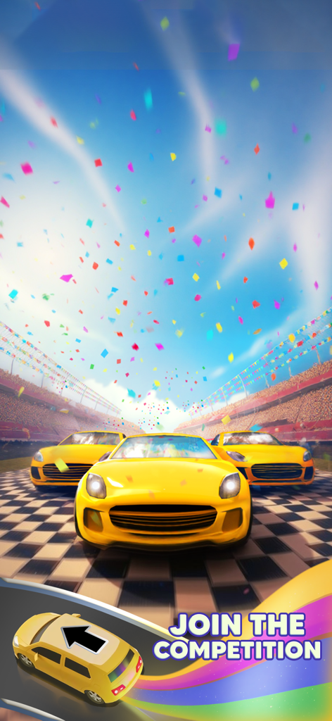 Traffic Escape! - Tres coches deportivos amarillos en una línea de meta a cuadros con confeti cayendo y el texto 'Únete a la competición'.