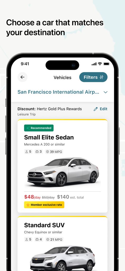Hertz app interface showing a list of rental car options including a sedan and an SUV