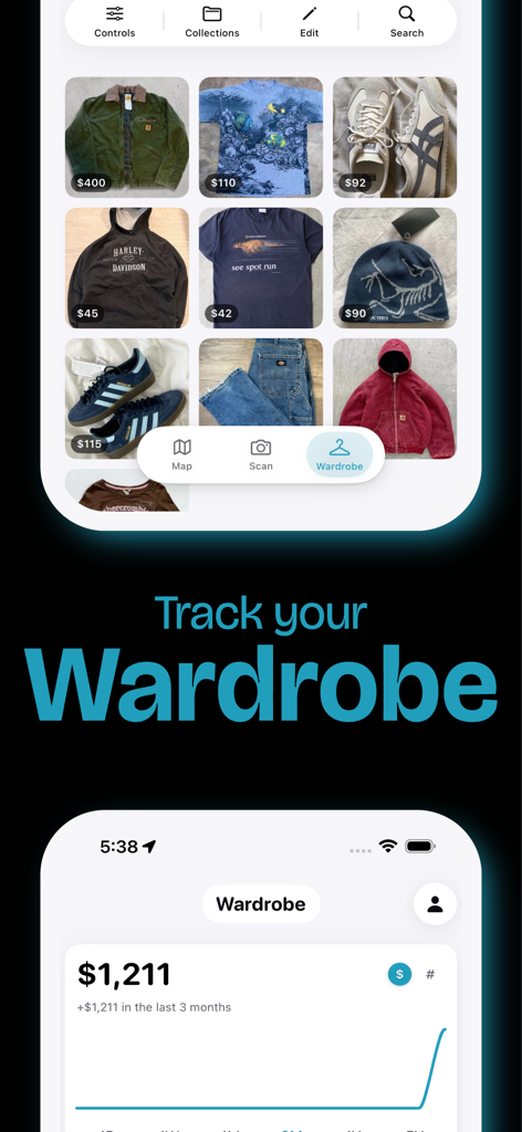 Interface of the Thrifted app showing a digital wardrobe collection with estimated resale prices and an inventory value tracking graph