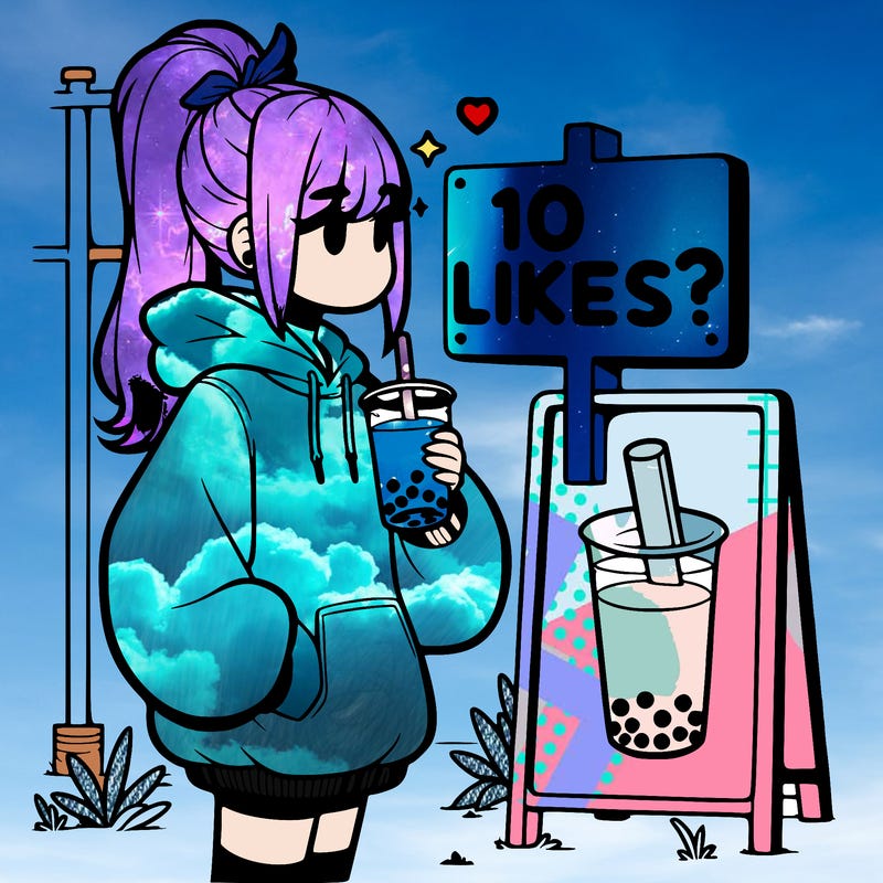girl with oversized hoodie drinking boba and she has a high ponytail with a sign that says 10likes?