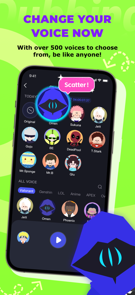 Dubbing AI - AI Voice Changer - Interface do aplicativo Dubbing AI mostrando vários presets de voz de personagens de Valorant e anime