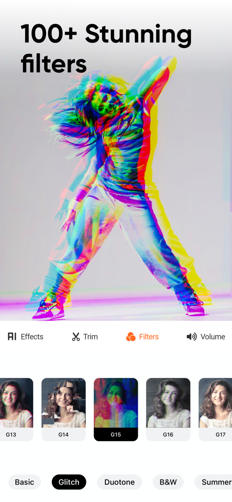 Add Music to Video Editor - Mobile app interface showing over 100 stunning video filters and glitch effects for social media creators