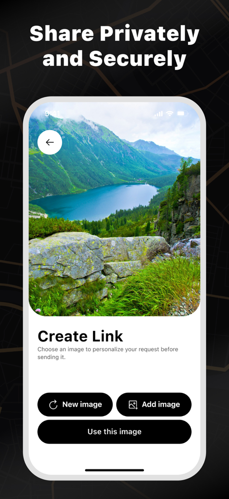 Find Geo: GPS Phone Tracker - Pantalla móvil de la aplicación Find Geo demostrando el intercambio seguro de ubicación a través de un enlace personalizado.