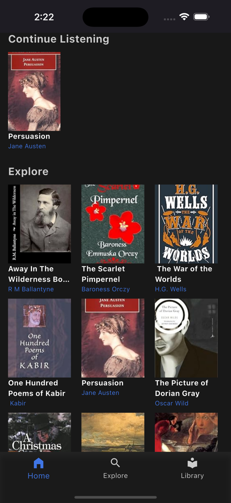 Home screen of Audiobooks King app featuring classic public domain audiobooks like Persuasion and The War of the Worlds