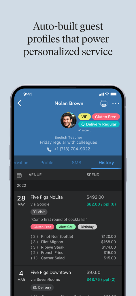 SevenRooms OS guest profile screen showing detailed visit history, spending habits, and dietary tags for personalized hospitality service.