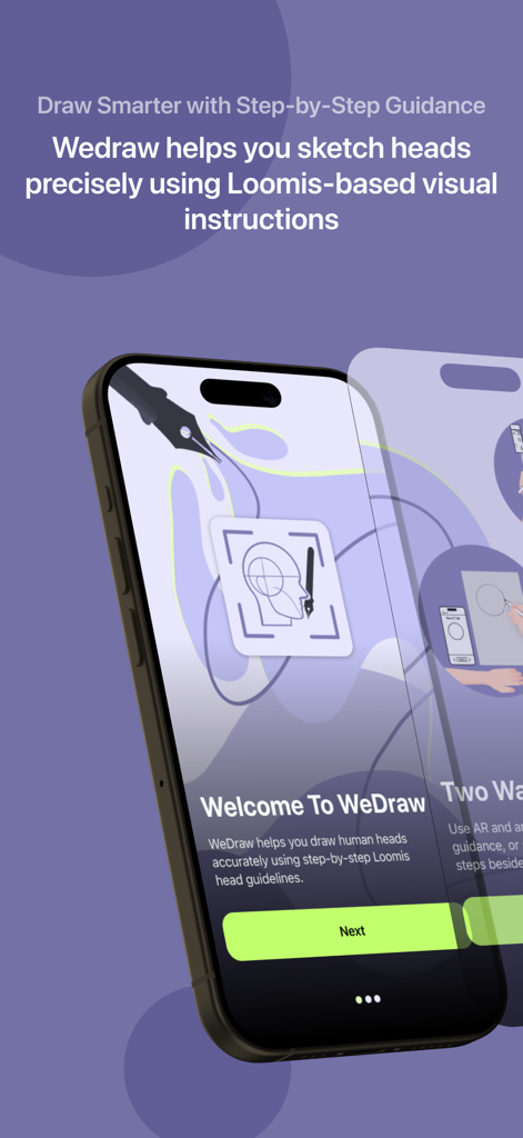 WeDraw: Trace & Create - Écran d'intégration de l'application WeDraw présentant des instructions étape par étape de la méthode de Loomis pour dessiner des têtes humaines.