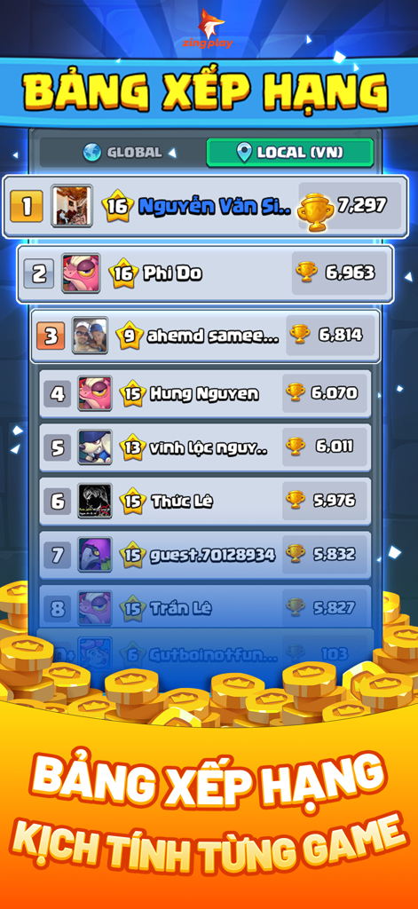 Tabla de clasificación de juegos móviles de ZingPlay que muestra las clasificaciones y puntuaciones de los jugadores.