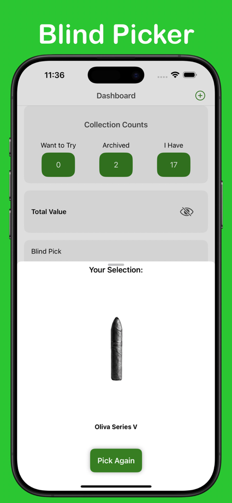 Interfaz del selector a ciegas de la aplicación de puros Ash Tag que muestra un cigarro Oliva Series V seleccionado al azar
