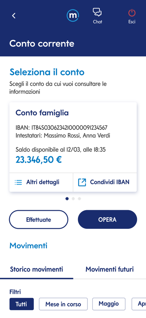 Mediolanum - Interfaccia dell'app mobile Mediolanum che mostra il saldo del conto corrente familiare e la cronologia delle transazioni con filtri di navigazione.