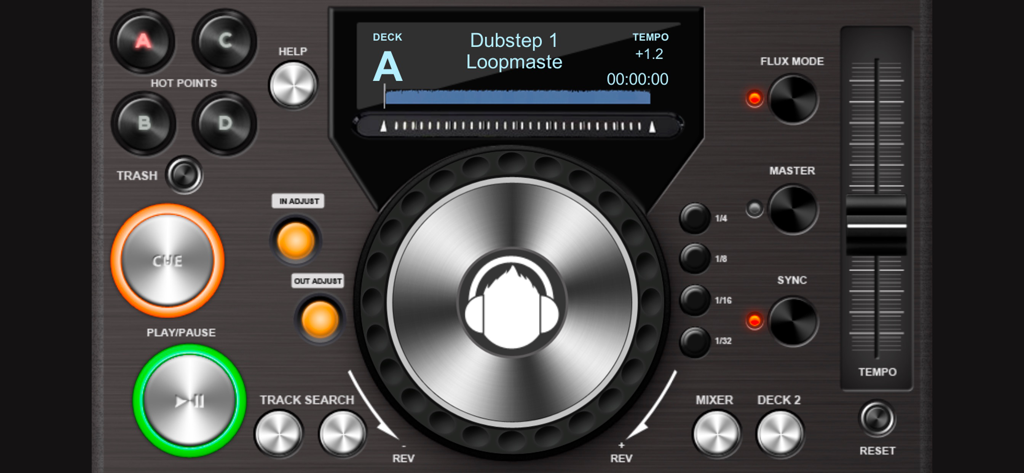 Midi DJ remote lite app interface showing Deck A with a jog wheel tempo fader and play buttons