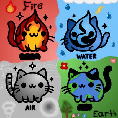 4 cats that represent the different elements, earth, water, air, and fire