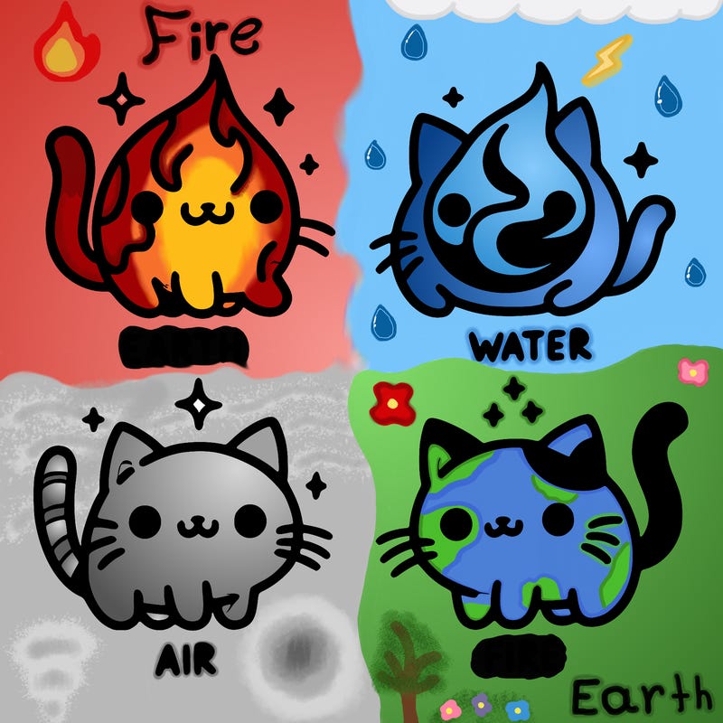4 cats that represent the different elements, earth, water, air, and fire