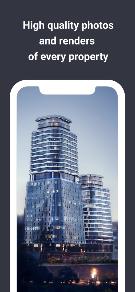 Rendu architectural de haute qualité d'un gratte-ciel moderne en verre dans l'application immobilière Korter