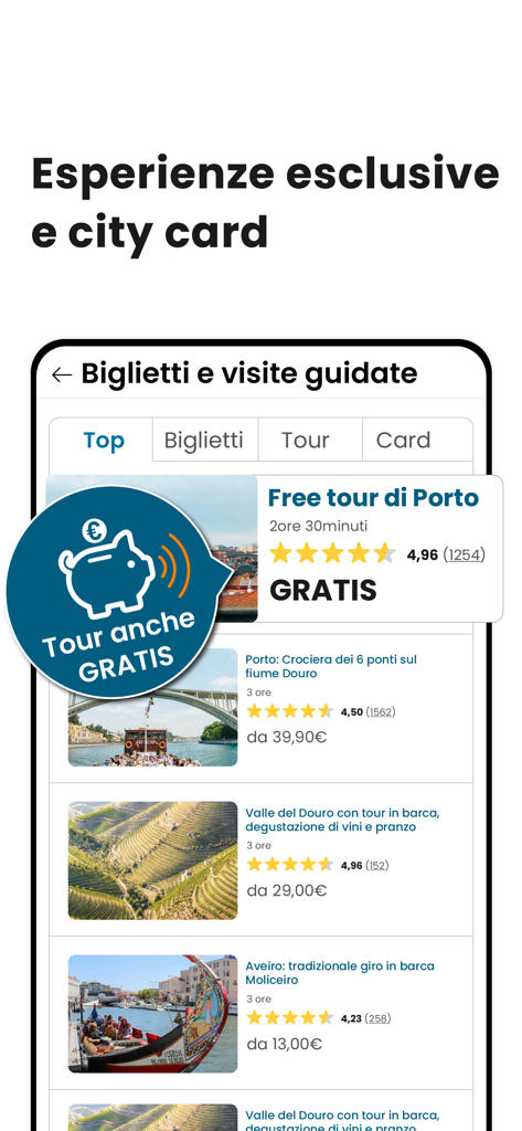 Travel365 - Guide di Viaggio - Screenshot of Travel365 app interface showing exclusive travel experiences city cards and free tours