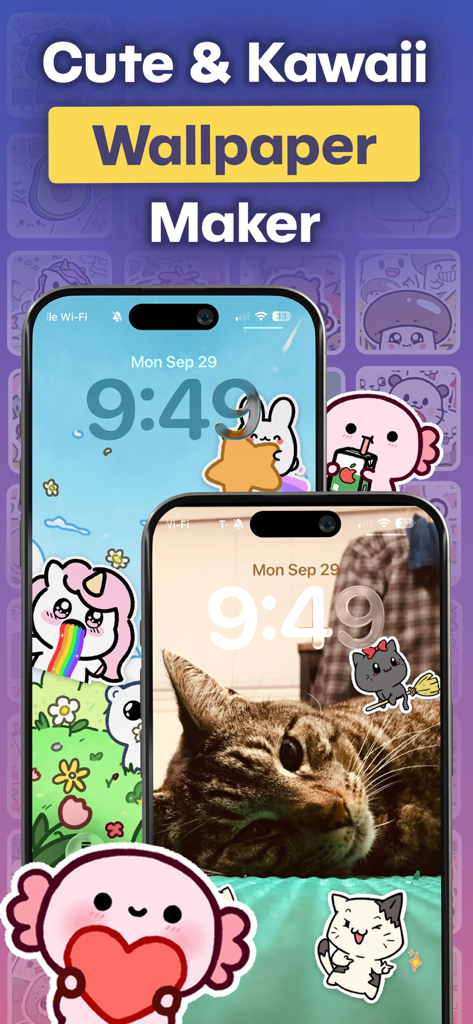 Deux iPhones présentant des fonds d'écran esthétiques décorés de stickers d'animaux mignons