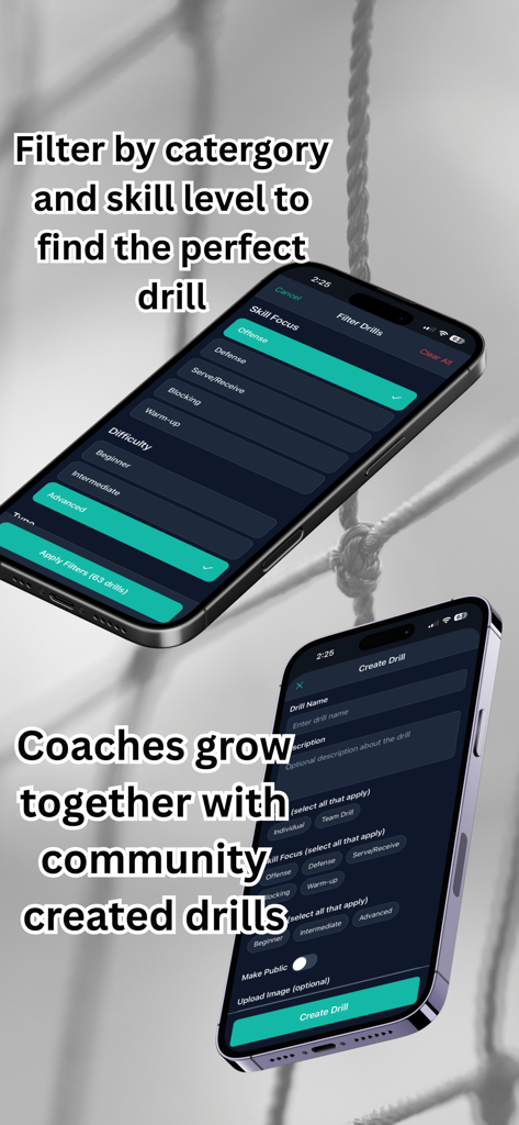 Practice Pro Volleyball - Practice Pro Volleyball app screens for filtering and creating custom drills