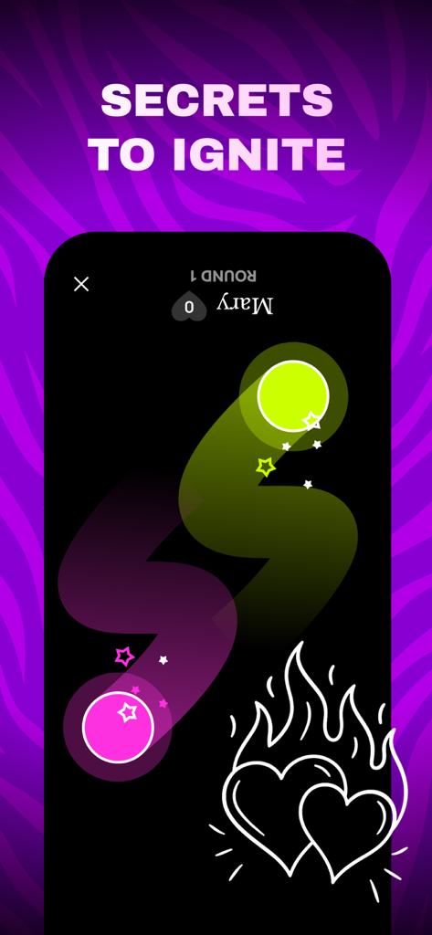 Interface de aplicativo móvel mostrando um jogo para casais chamado Segredos para Acender com trilhas de neon interativas.