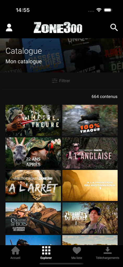 Mobile app interface for Zone300 showing a grid of hunting and fishing video thumbnails