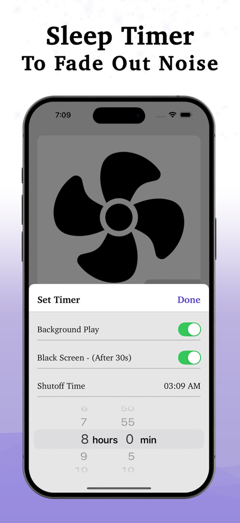 Fan Noise - White Noise Baby - Fan Noise app sleep timer screen showing background play and automatic shutoff options