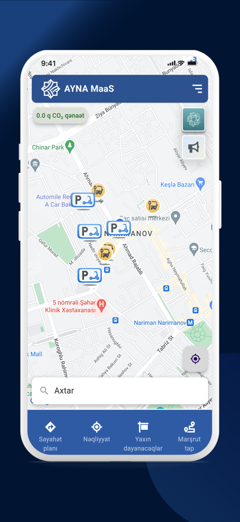 AYNA MaaS - Interfaz de la aplicación AYNA MaaS que muestra un mapa interactivo con iconos de estacionamiento de patinetes y paradas de autobús