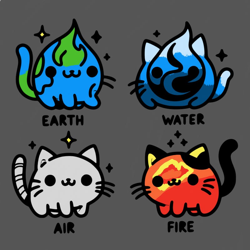4 cats that represent the different elements, earth, water, air, and fire