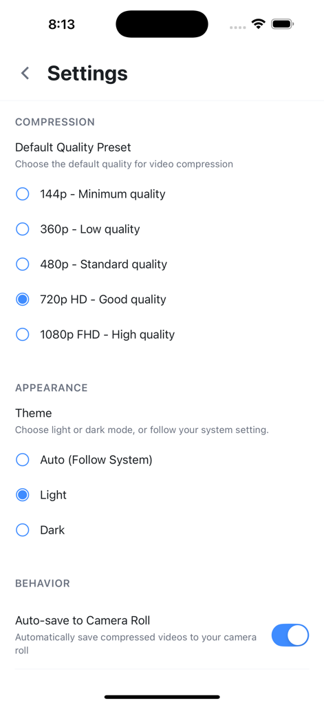 Video Compressor - ShrinkIt - Settings screen of Video Compressor ShrinkIt app showing compression quality presets and theme options