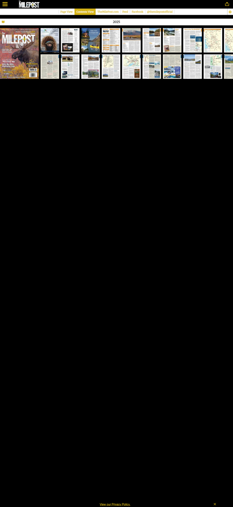 Contents view of The MILEPOST app showing page thumbnails of the 2025 travel guide