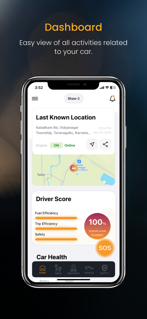 Carot - Upgrade to a Smart Car - Dashboard of the Carot app showing car location map and driver score