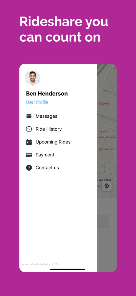 Kari - User profile menu of the Kari rideshare app showing navigation options like ride history and payments.