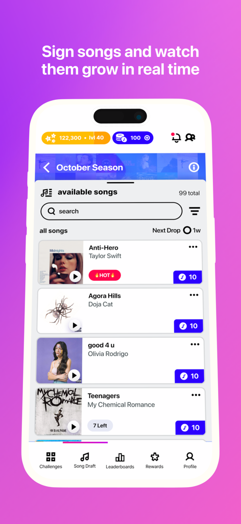 FanLabel app interface showing available songs to sign in the music draft section.