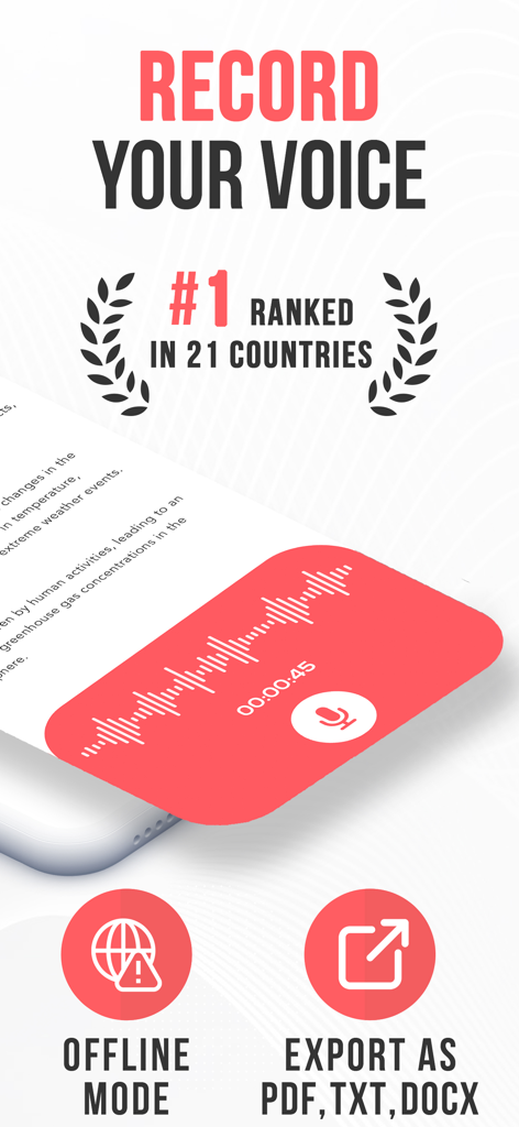 AI Note Taker Voice Memos App - AI Note Taker app interface showing voice recording, offline mode, and multi-format export features.