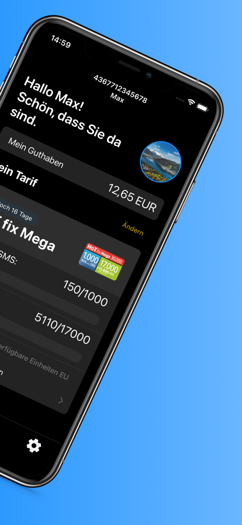 Mein HoT app home screen showing account balance and data consumption