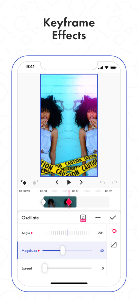 Funimate mobile video editor interface showing keyframe effects and oscillate settings