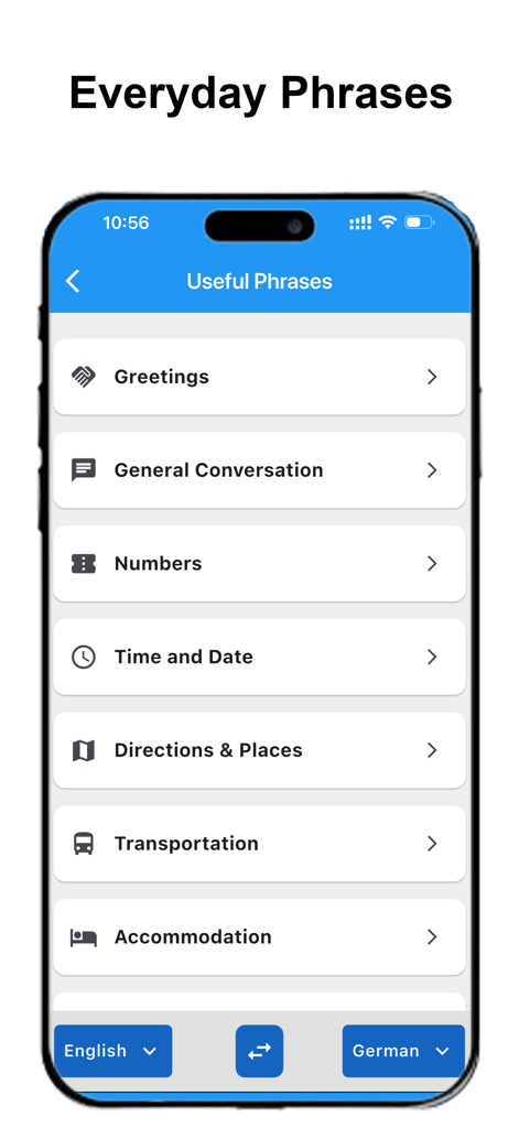 Correct Spelling-Spell Checker - Mobile app screen displaying categories of everyday phrases for language learning and translation.