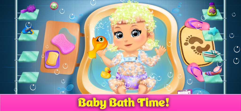 Mommy & Baby Games: Newborn - Ein süßes Cartoon-Baby, bedeckt mit Blasen, nimmt ein Bad mit Spielzeugenten und Fischen in der App Mami & Baby Spiele Neugeborenes.