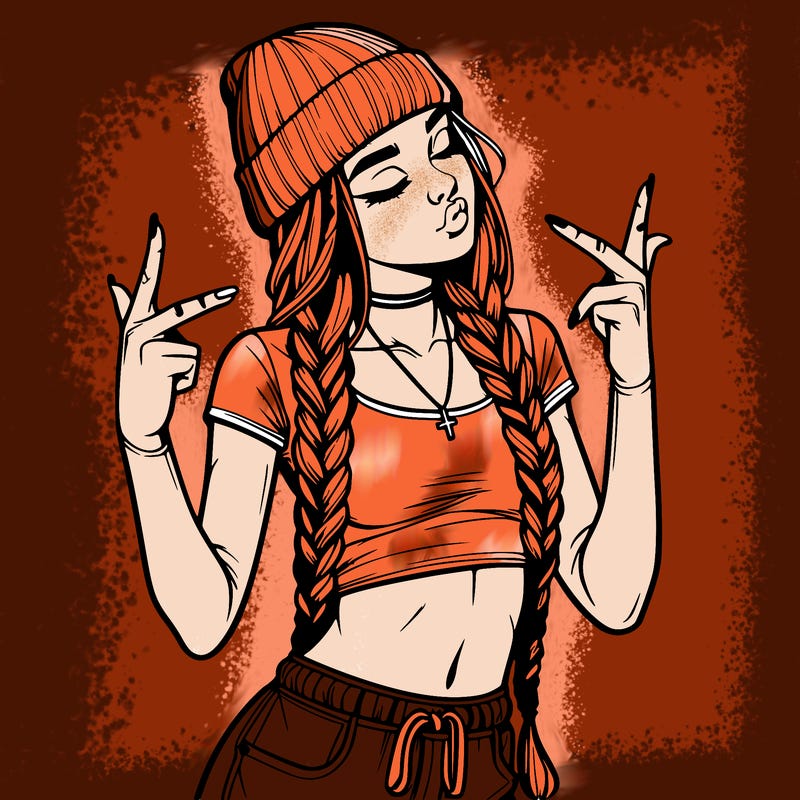 realistic teenage girl with braids and a beanie and crop top doing 🫶🏼