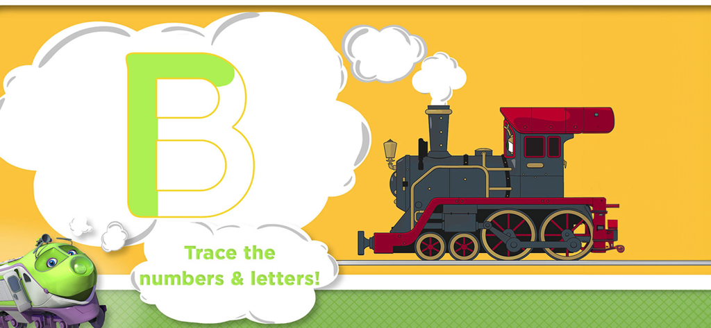 チャギントンのキャラクター、ココと蒸気機関車と一緒に、なぞるための大きな文字Bが表示された教育ゲーム画面