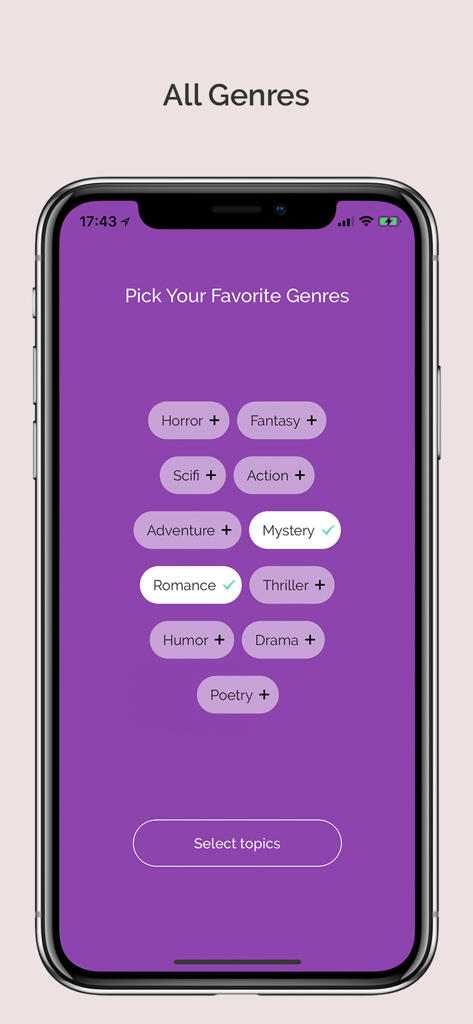 A smartphone screen showing the Inkitt app genre selection page with buttons for Romance Fantasy and Mystery