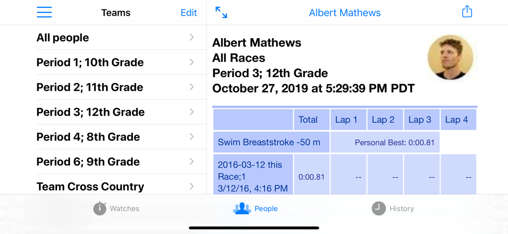 Ultimate Stopwatch - Interface showing student athletes organized by class period with individual performance history and personal bests