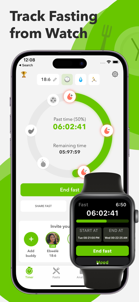 Fast: Intermittent Fasting App - Interfaz de la app Fast Intermittent Fasting en iPhone y Apple Watch mostrando el temporizador de progreso y compañeros.