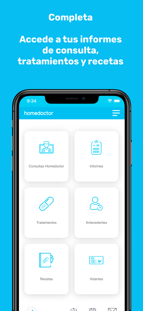 Homedoctor - Panel de la aplicación móvil Homedoctor mostrando opciones de consultas médicas, informes, tratamientos, historial y recetas digitales
