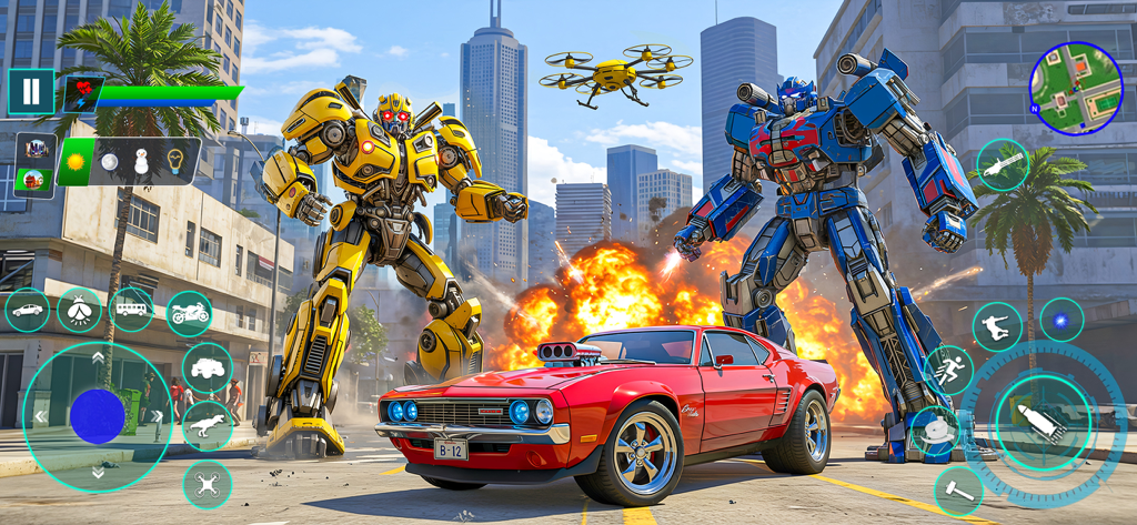 Robot Games - Mech War Games - Giant yellow and blue battle robots standing in a city street next to a red muscle car with an explosion in the background