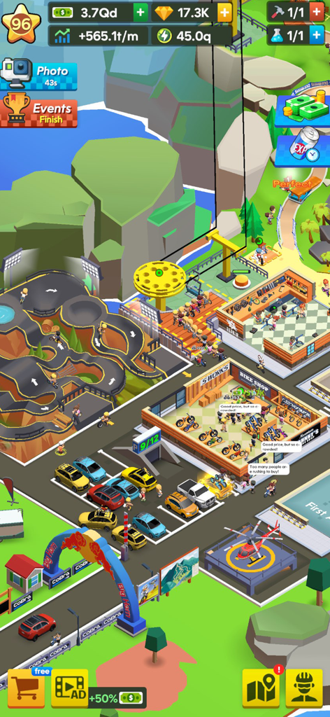 Vista aérea de un parque de mountain bike en un juego de simulación de magnate que muestra instalaciones y senderos